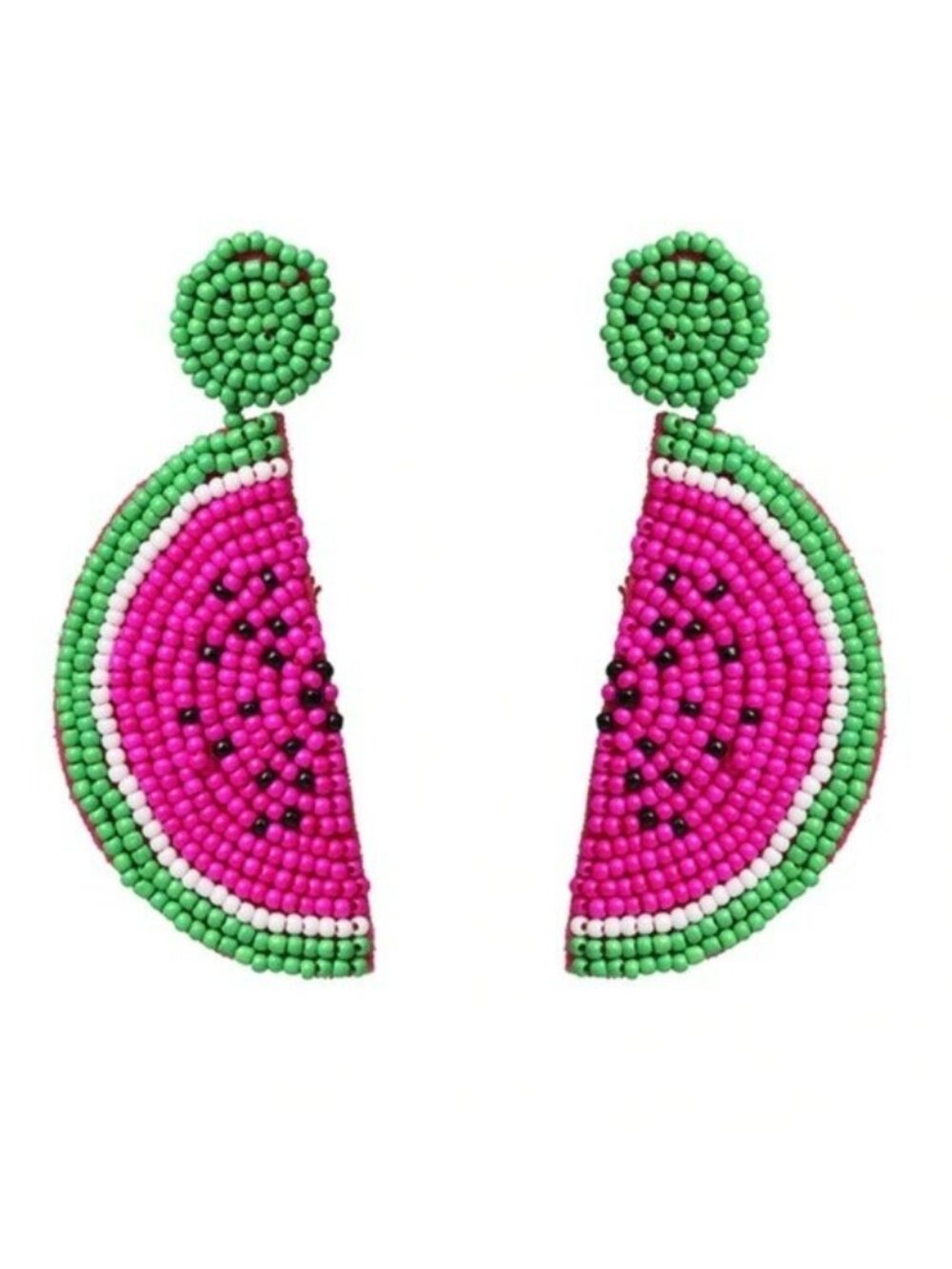 Beaded Watermelon Fruit Flower Pink & Green Drop Summer Dangle Earrings